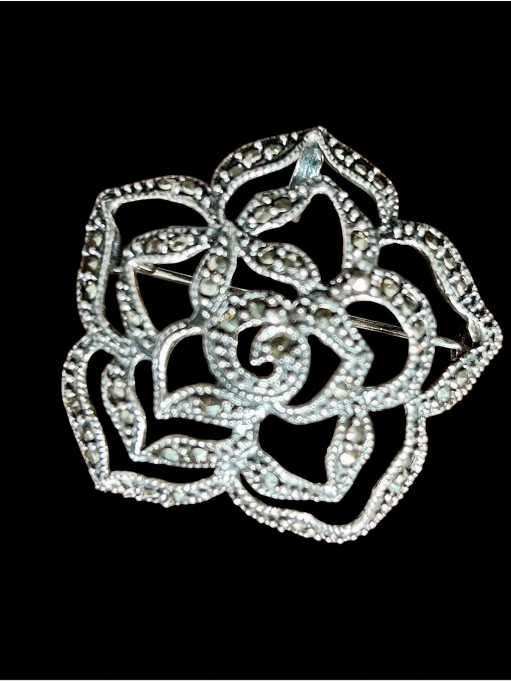 Vintage Sterling Silver 925 Rose Marcasite Pendant or Brooch - Sparkly & Pretty!